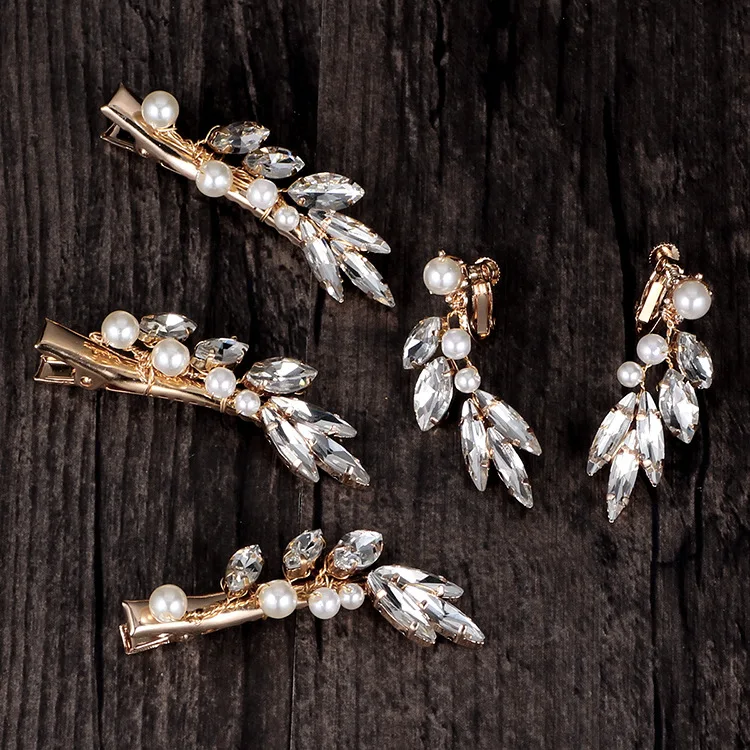 

SLBRIDAL Handmade Crystal Rhinestone Pearls Flower Wedding Hair Clip Earring Set Bridal Barrettes Hair Accessories Women Jewelry