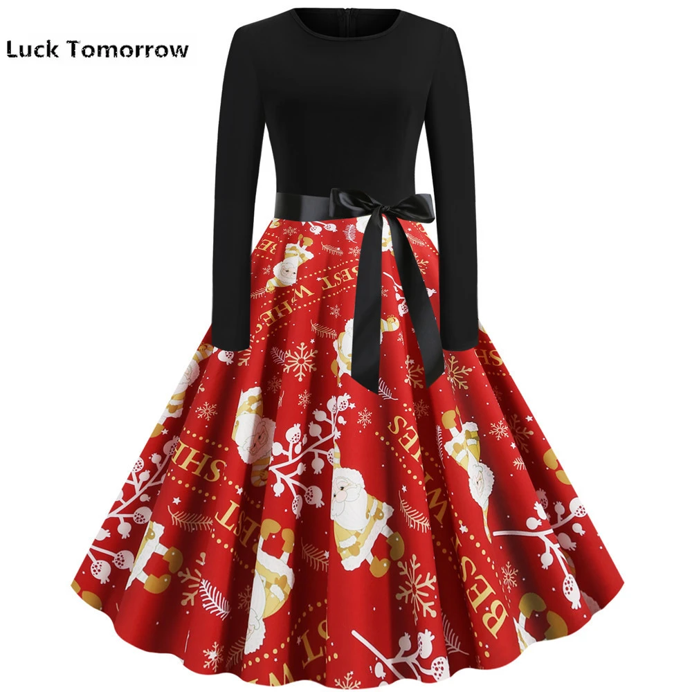 Черное платье миди с принтом для рождественской вечеринки женское элегантное