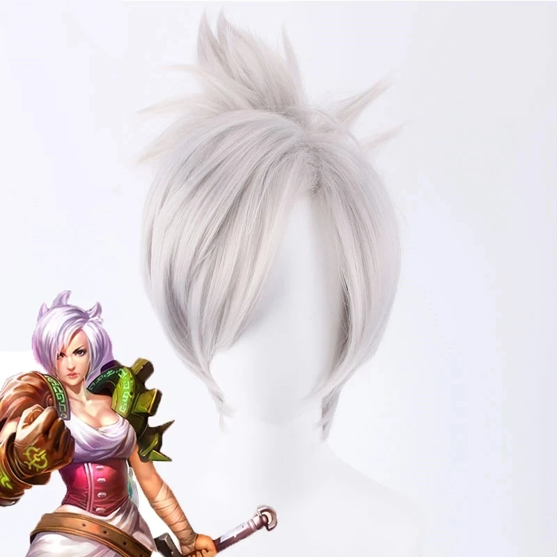 

Парик для косплея LOL Riven из изгнания, короткие серебристые и белые синтетические волосы с чипом, хвост и сетка для волос