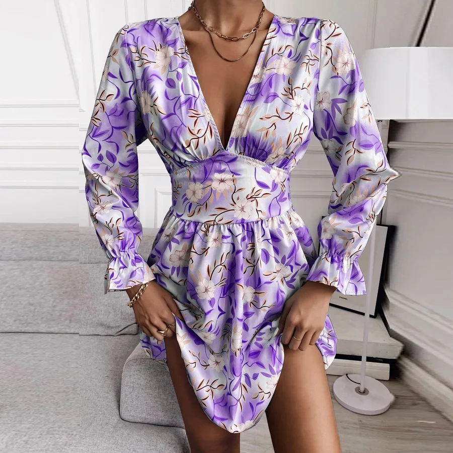 

2021 Ladies New Dress Long Sleeve High Waist Cotton Commuter V-neck Small Design Sense Tight Waist Purple Printed Dress