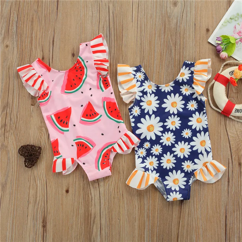 

1-3Years Fahion Toddler Kids Summer Swimsuits Daisy/Watermelon Printing Ruffles Sleeveless Backless Bathing Suits Beachwear