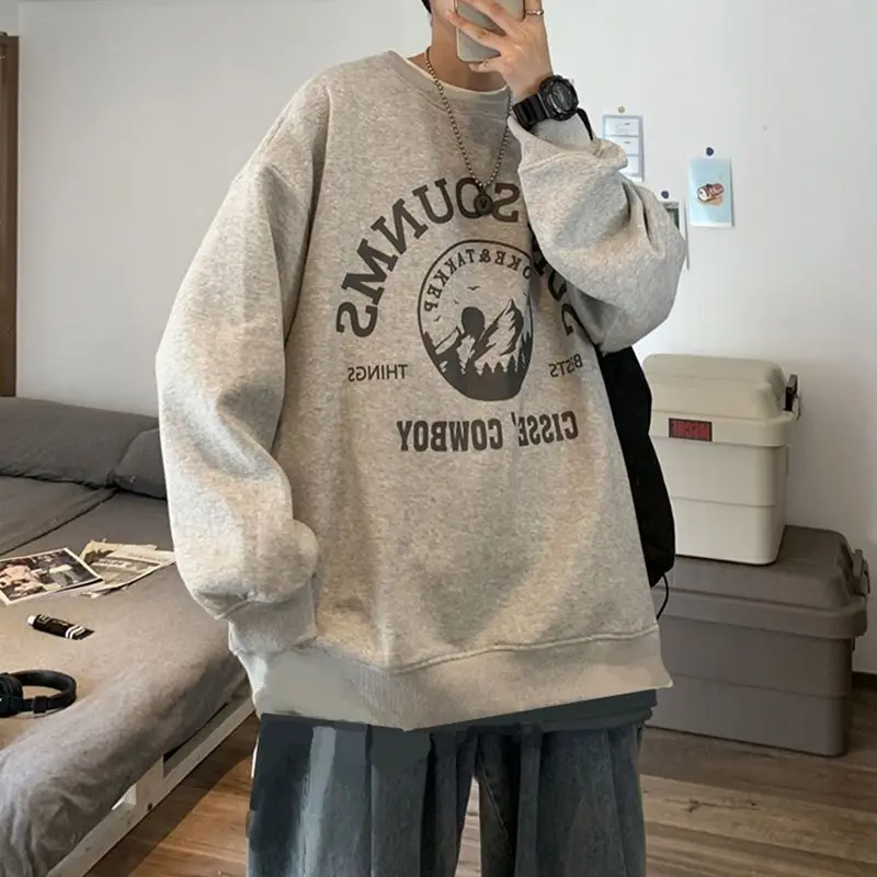 

O-neck sweatshirt for men pure cotton autumn winter new loose plus velvet tide brand Japanese academy couple jacket aesthetic