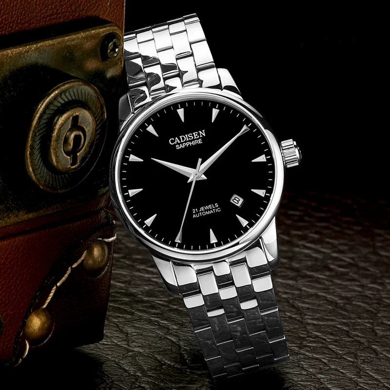 Часы мужские механические водонепроницаемые из нержавеющей стали с сапфировым