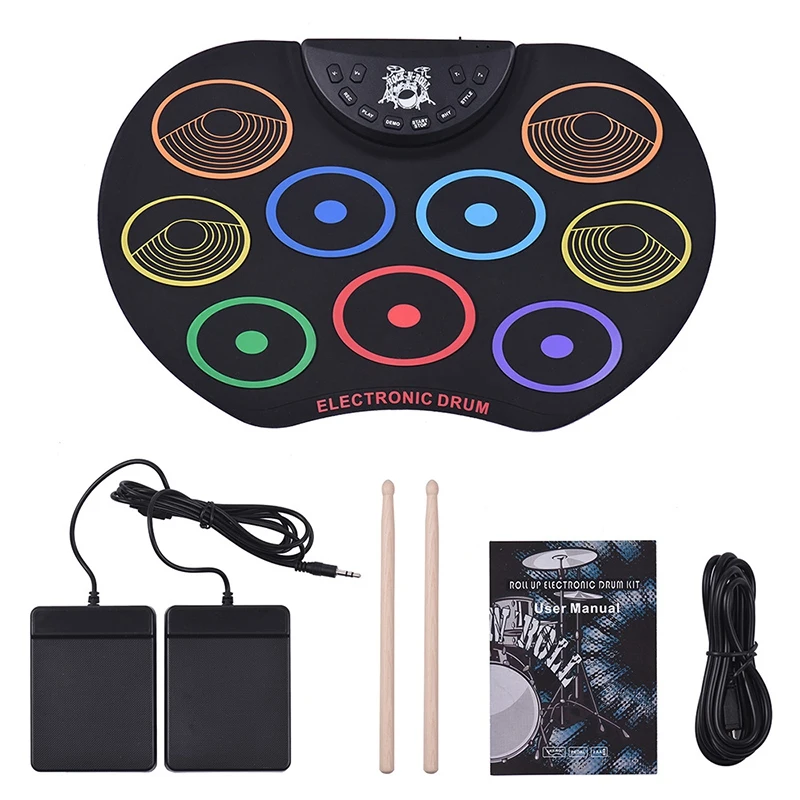

Portable Roll Up Drum Set Electronic Drum Kit 9 Silicon Drum Pads USB Powered with Drumsticks Foot Pedals for Kids