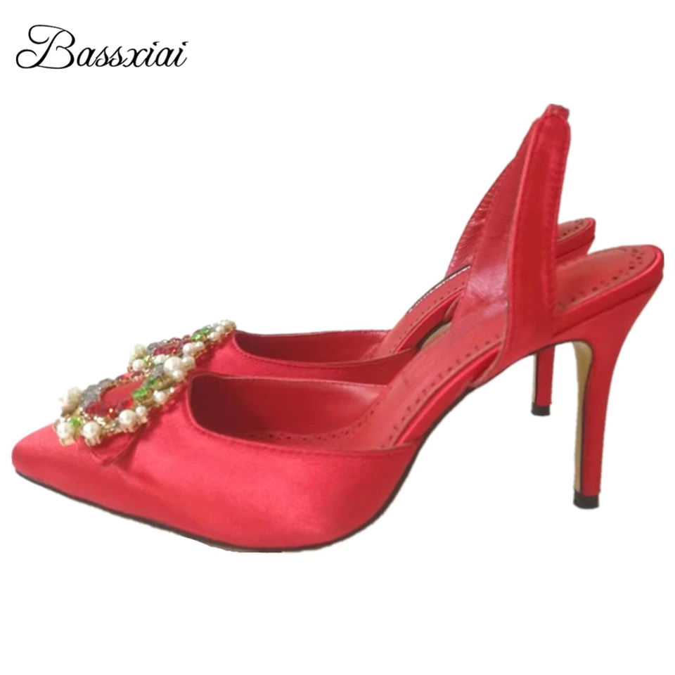 

Beading Pearl Crystal Oval Buckle Sandals Women 10cm Thin High Heel Point Toe Luxury Satin Rhinestone Summer Sandalias