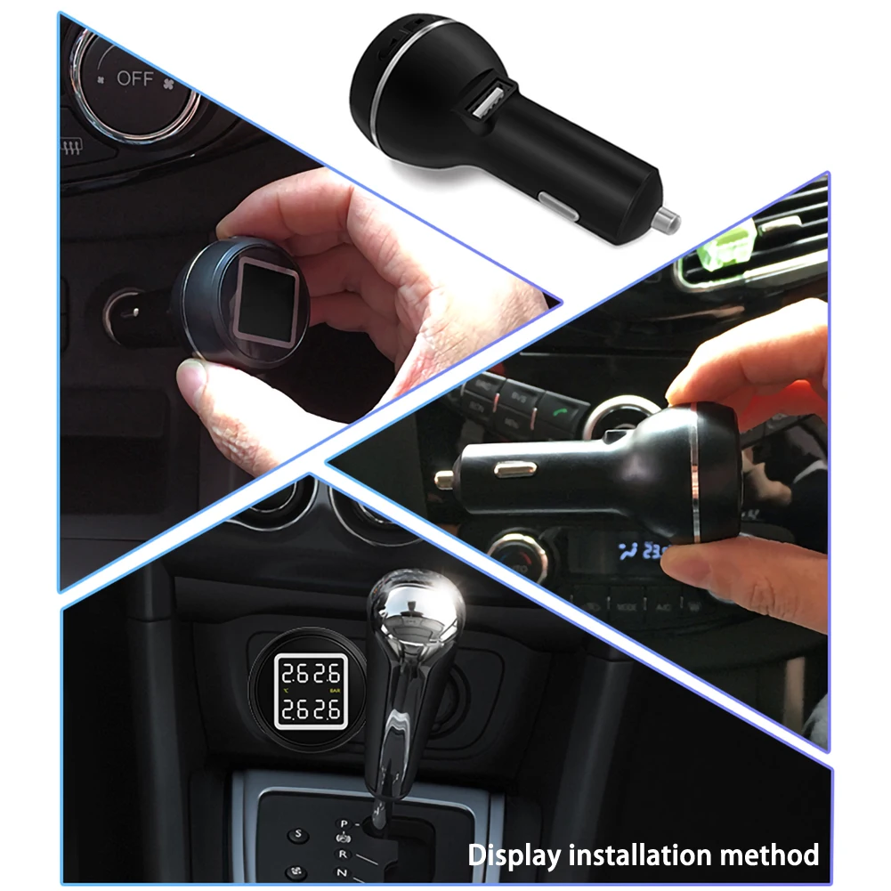 

Car TPMS Tire Pressure And Temperature Monitoring System With USB Socket 4 External Sensors Cigarette Lighter