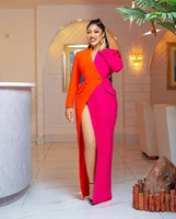 orange and fuchsia formal evening dress for women 2021 color matching sexy side slit v neck suit dresses prom gowns custom made