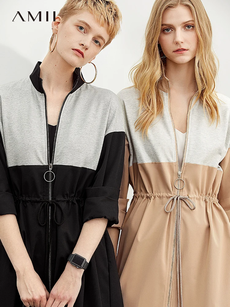 Amii/весеннее платье с длинными рукавами и высокой талией куртка на молнии