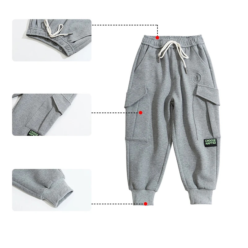 

2021 Boys Cargo Pants Streetwear Black Grey Boys Jogging Sweatpants Casual Elastic Waist Harem Pants Kids Size 6 8 10 12 14 Yrs