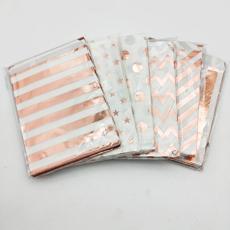 25 шт. подарочные пакеты из розово-золотистой бумаги в полоску с нашивками