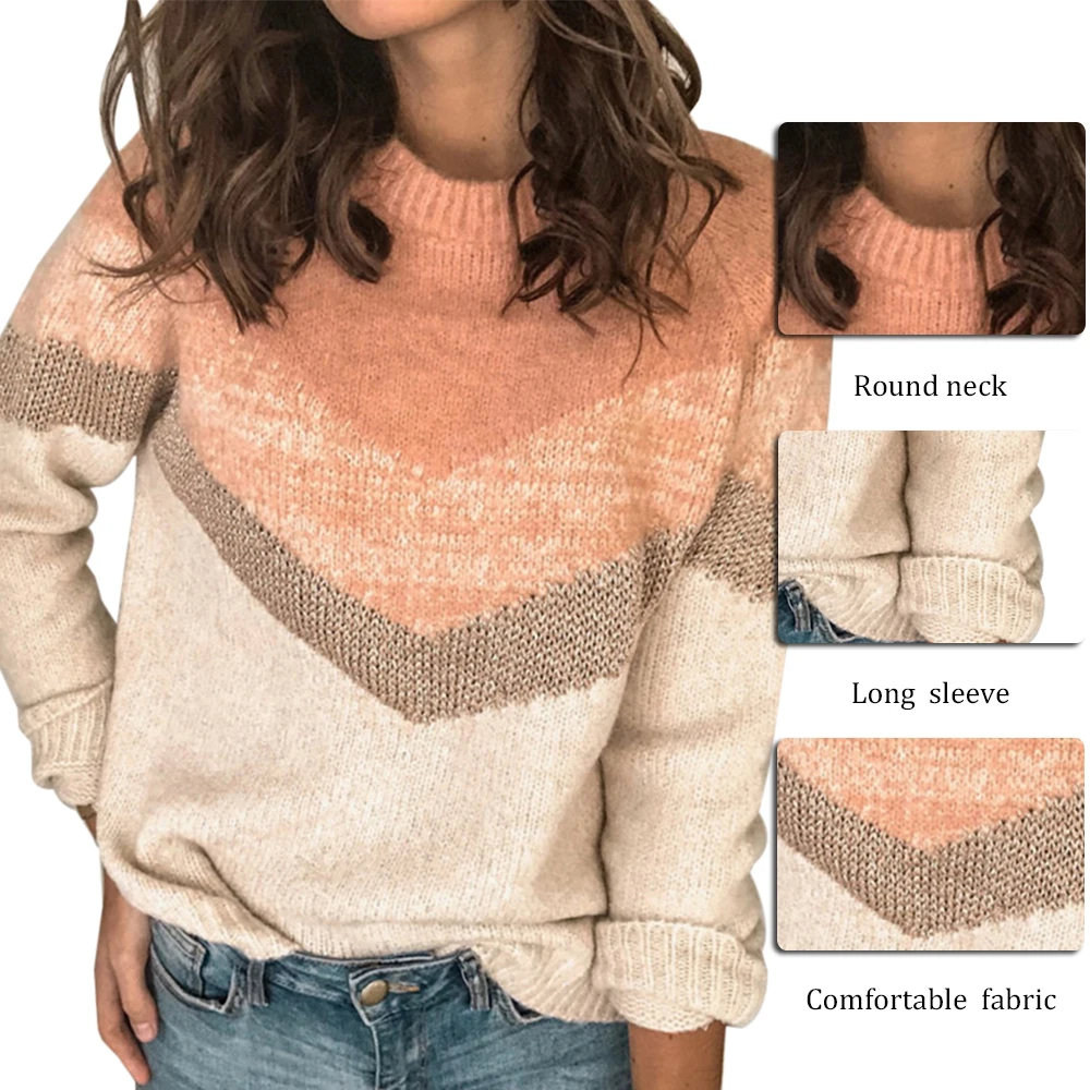 

Women Autumn Winter New Solid Color Stitching Sweater Shirt Casual Contrast Color Round Neck Sweater Women Pullovers