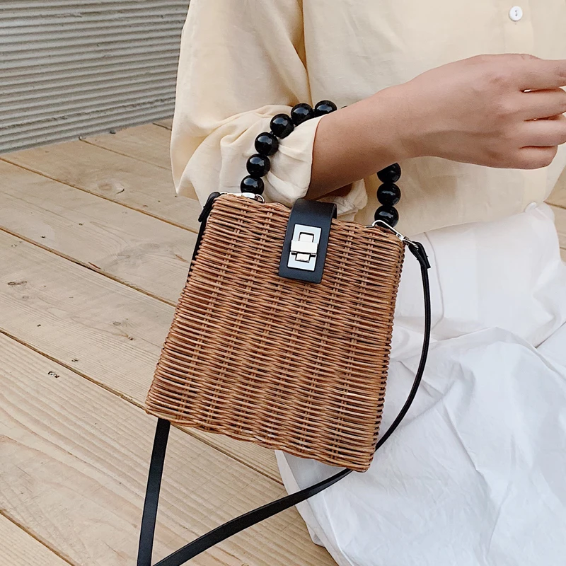 Высококачественная соломенная сумка с бусинами в стиле ретро пряжкой Женская