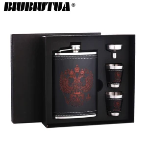 Фляга BIUBIUTUA из нержавеющей стали, 8 унций, с красным гербом, Кожаная фляга для виски, набор фляжек 18 унций