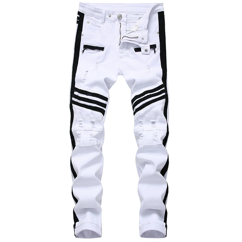 

Pop White Men's Jeans Straight Denim Jeans with Zippers Contrast Color Stripe Male Pants Slim Plus Size Trousers