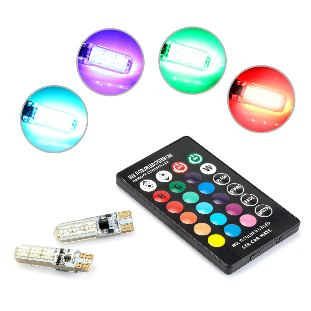2 шт T10 W5W светодиодный светодиодные фары лампы RGB с дистанционным Управление 194 168 501 Стробоскопическая Светодиодная лампа светильник Лампы для чтения Белый Красный Янтарный w5w