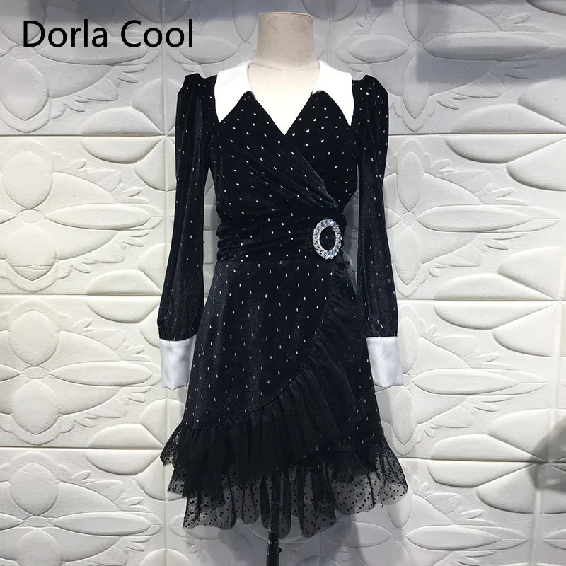 

Newest 2020 Spring Runway Women Elegant Dress Velvet Diamonds Dots Mesh Patchwork Dresses Female Ruffles Pleated Party Vestidos