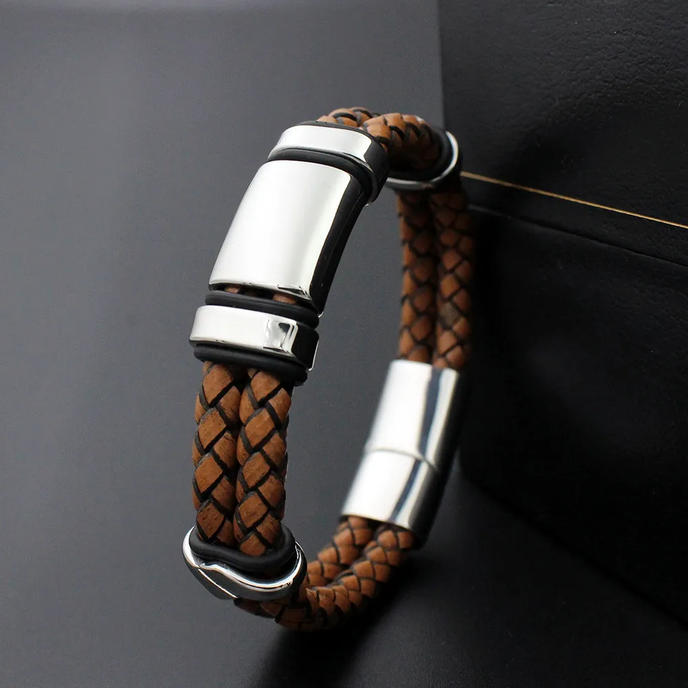 Двойной плетеный Ретро браслет из натуральной кожи мужские браслеты нержавеющей