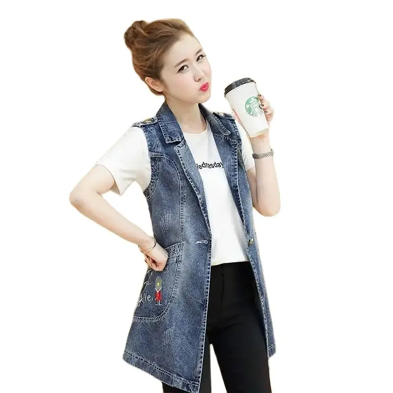 Женский джинсовый жилет с вышивкой Свободный средней длины без рукавов