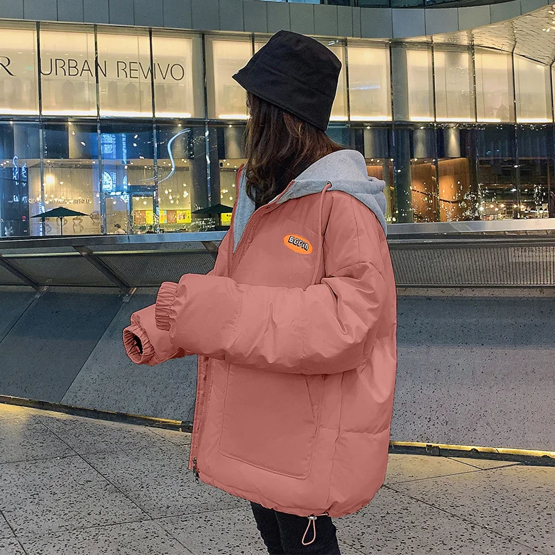 2021 Winter Hooded Cotton Padded Parkas Women's Harajuku Ins Fake Two Pieces Of Plush Thickened Down Clothes
