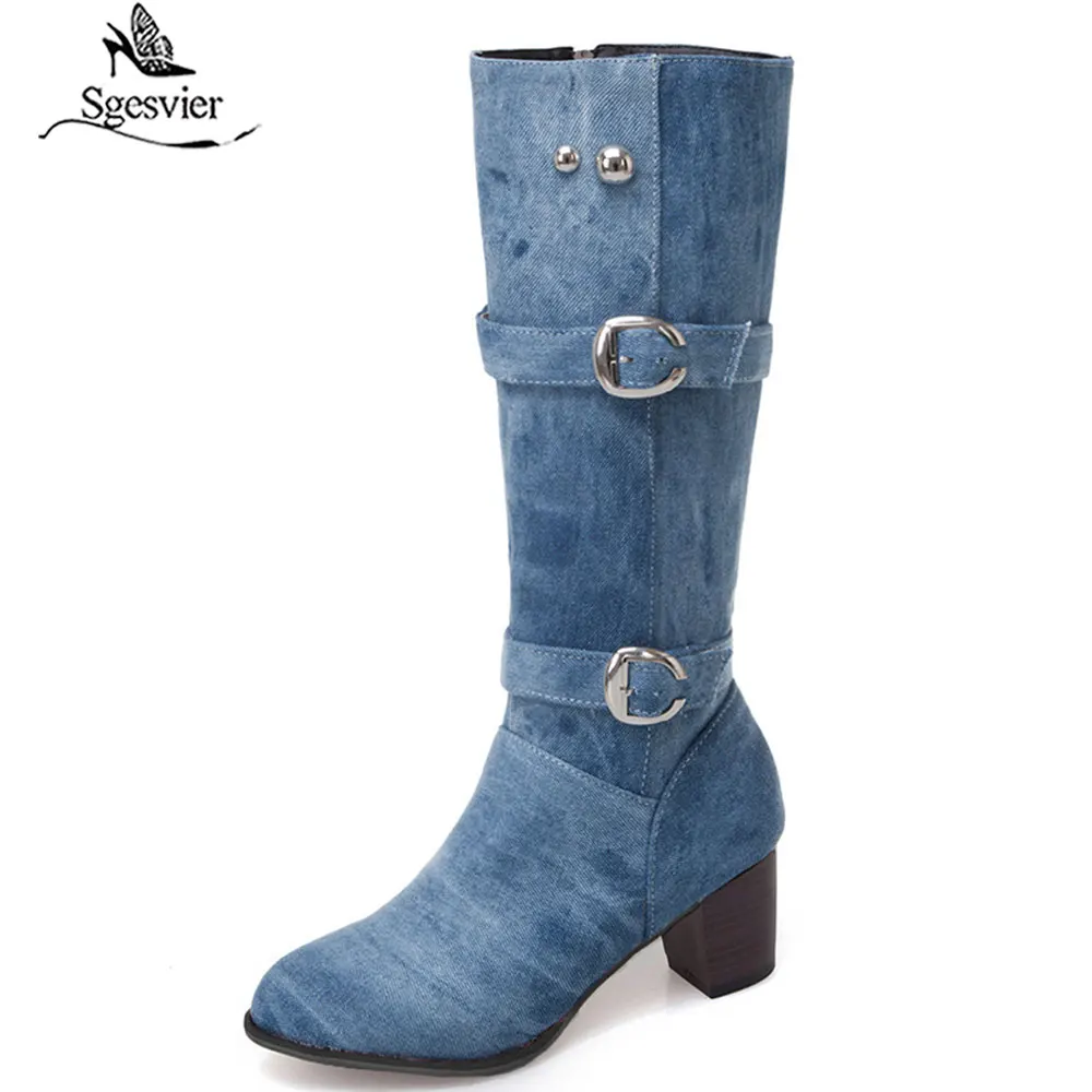 

Sgesvier Women Mid Calf Boots Square High Heels Winter Shoes Woman Denim Skin Side Zip Ladies Snow Boots Botas Mujer G697