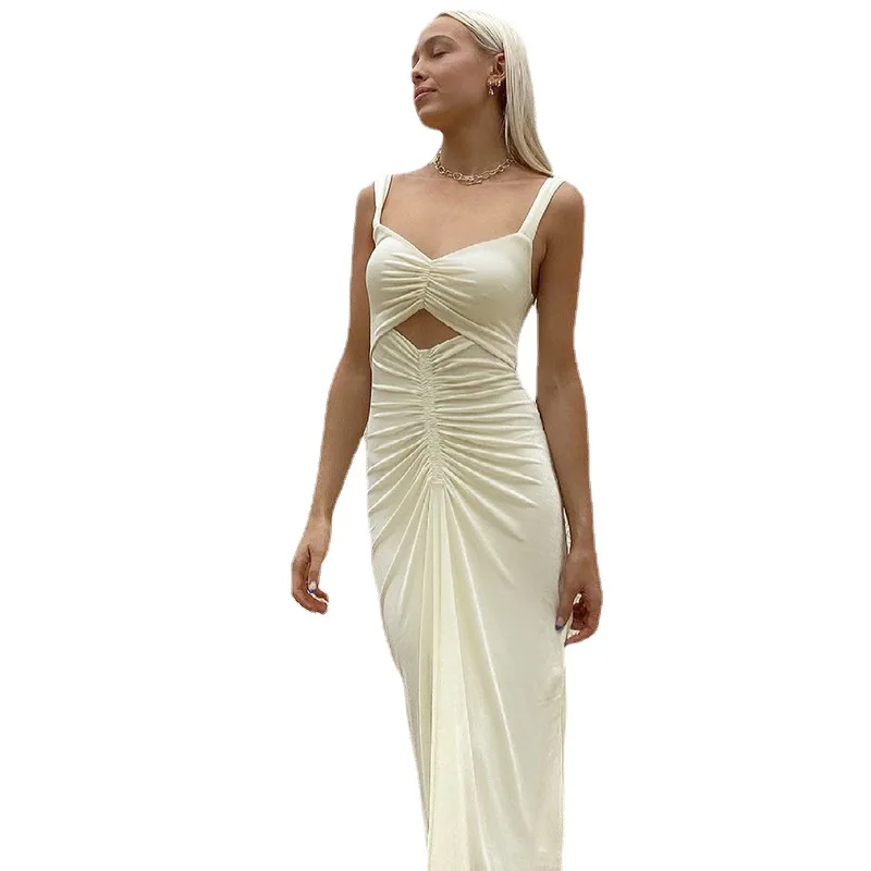 

2021 New Female Skirt Solid Color Hollow Sling Dress Female Waist Slimming Casual Pleated Long Skirt