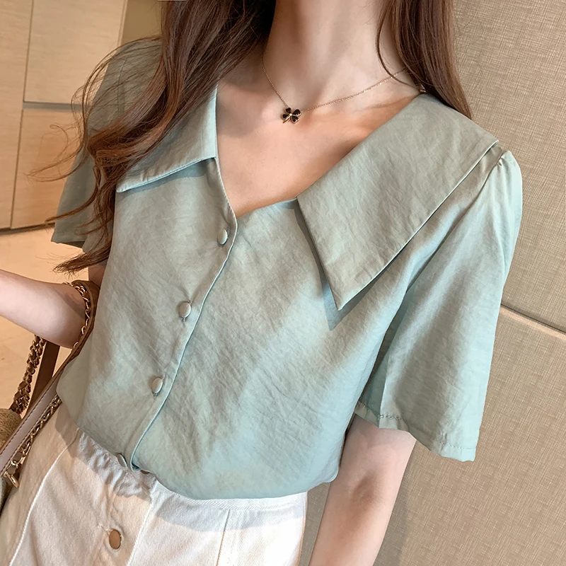

Small Fresh Ligh Blue V-neck Short Sleeves Women Shirts Summer Chic Lapel Button Blouse Female Casual White Tops