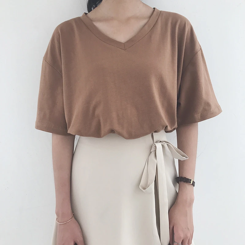 Летняя женская футболка с коротким рукавом однотонная Корейская Повседневная v
