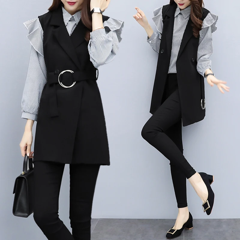 

Autumn Women Long Sleeveless Belted Vest & Slim Pants New Large Size Ladies' Fashion Waistcoat Two Pcs Office Style Vogue Suits