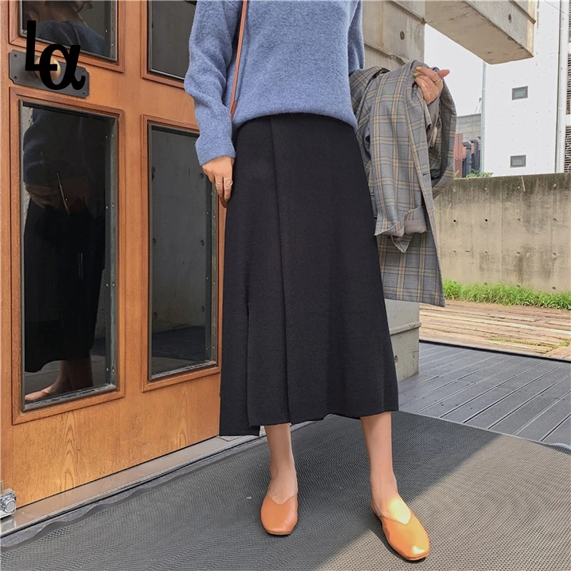 

Luck A 2020 Winter Women Skirt Elastic Waist Knitted Skirt Female Warm A-line Split Mid-Length Skirts Sweater Midi Skirt