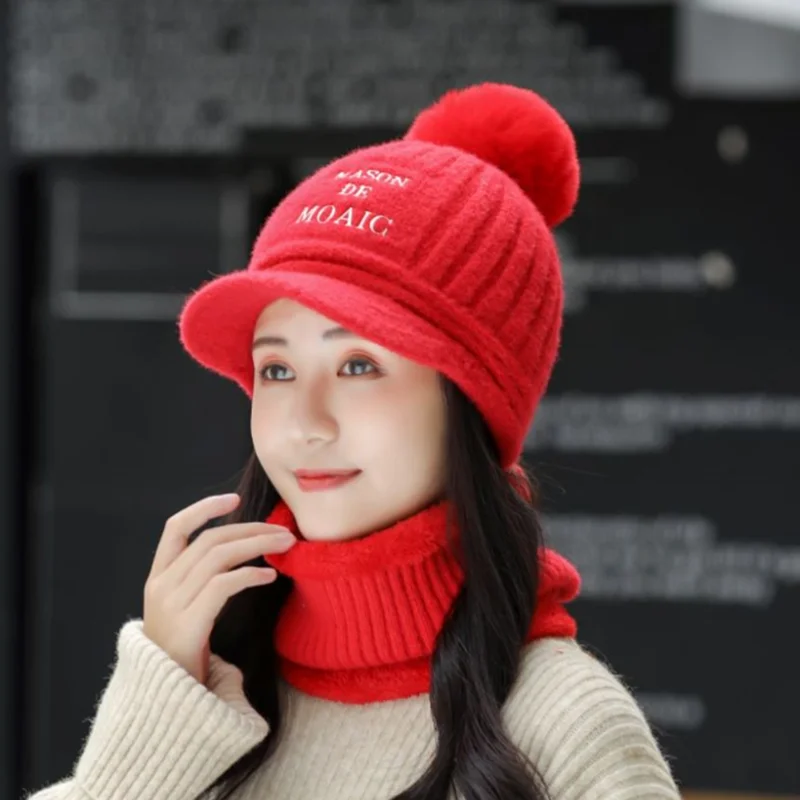 Женская вязаная шапка шарф маска комплект мягкая теплая флисовая зимняя Лыжная с