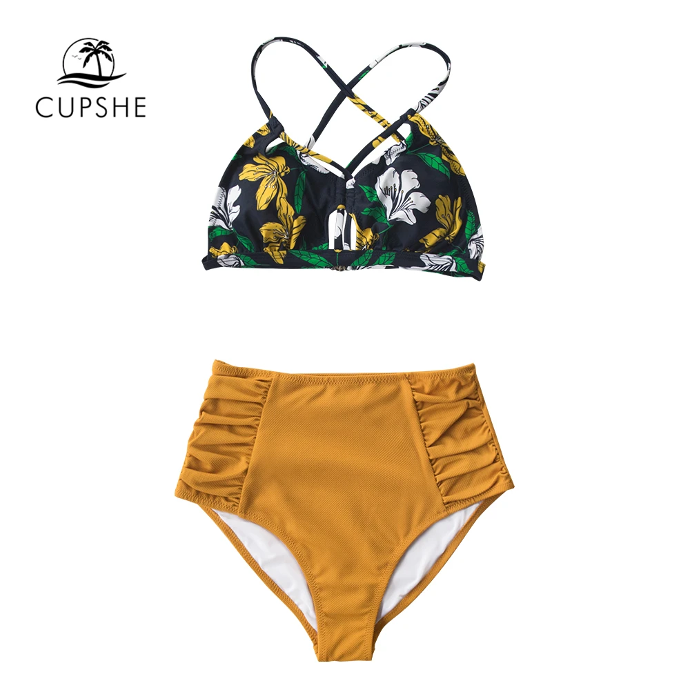 CUPSHE цветочный и однотонный гофрированный с высокой талией бикини сексуальный