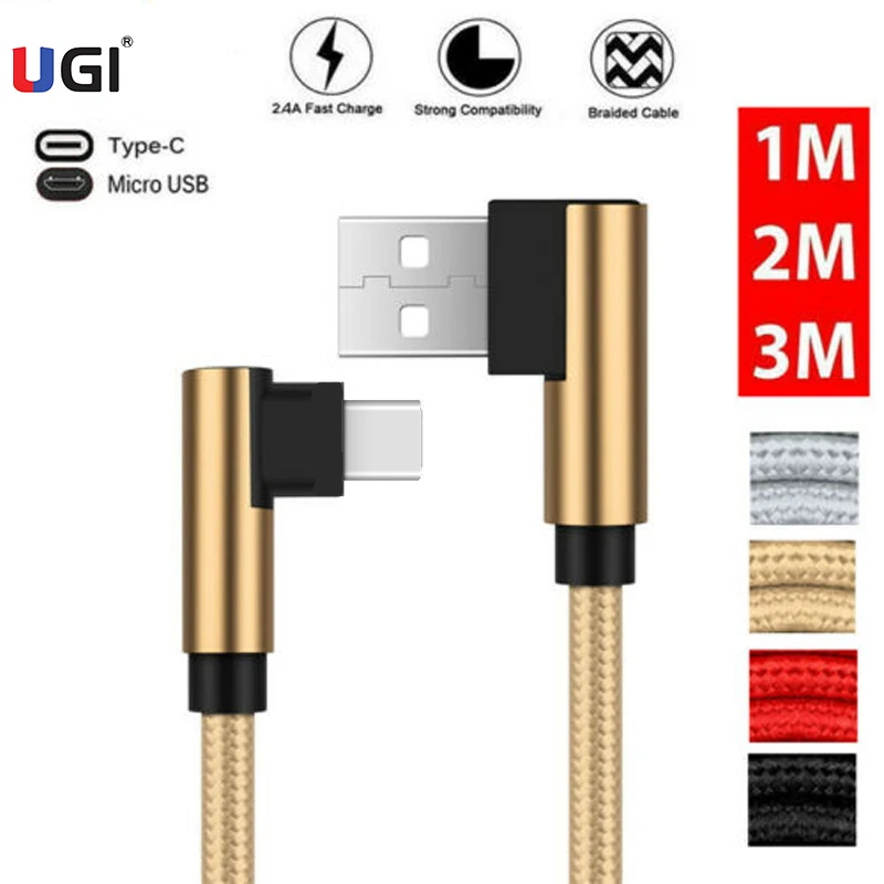 UGI 2.4A кабель для быстрой зарядки Type C USB Micro мобильный телефон локоть 90 ° двойной