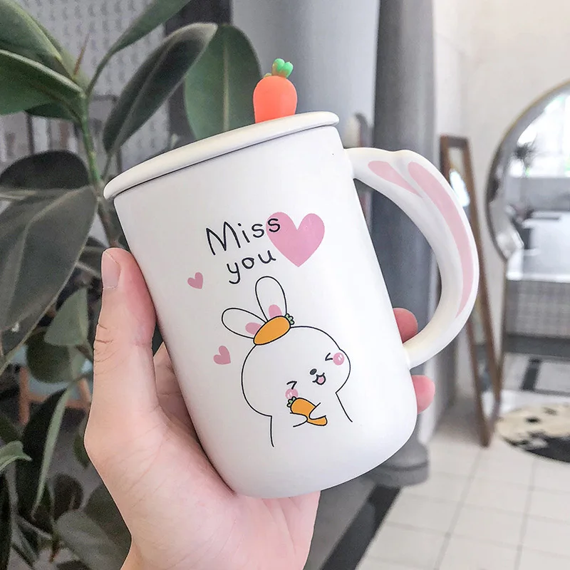 Творческий мультфильм редис кролик кружка с крышкой и ложкой, керамическая кружка молоко чай кофе чашка фарфоровая кружка посуда для напитков подарки