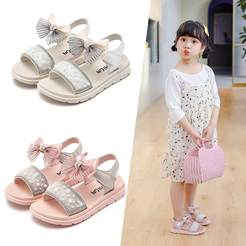 

Kids Shoes 2021 Summer Girls Fashion Beach Sandals Children Princess Flats Soft Sole Bowtie Rhinestone Toddlers Baby Pink Shoes