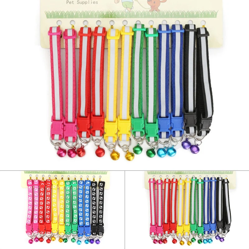 

12PCS Dog Collars Pet Cat Puppy Color Buckle Nylon Collar W/Bell Wholesale Cat Paw Print Adjustable Collar Bell Positioning