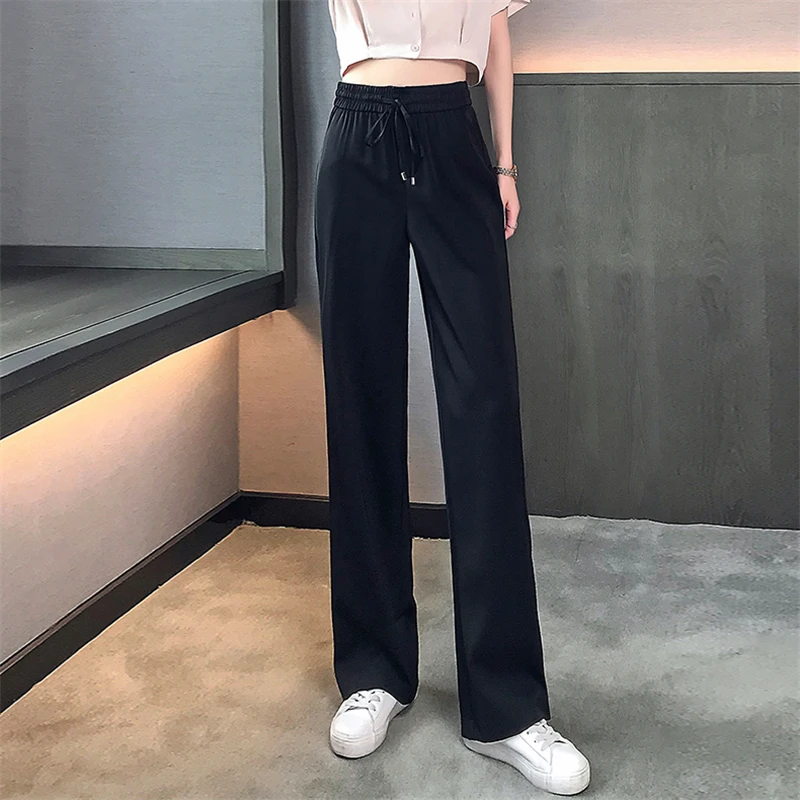 

Summer Lace-Up Elastic High Waist Thin Suit Pants Women Plus Size Solid Color Wide Leg Pants 2021 Office Lady Straight Trousers