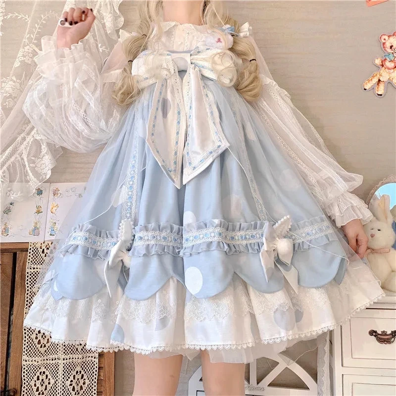 

NONSAR Soft Girl Tutu JSK Lolita Daily Dress Sling Female Big Bow Strap Blue Sleeveless Dress