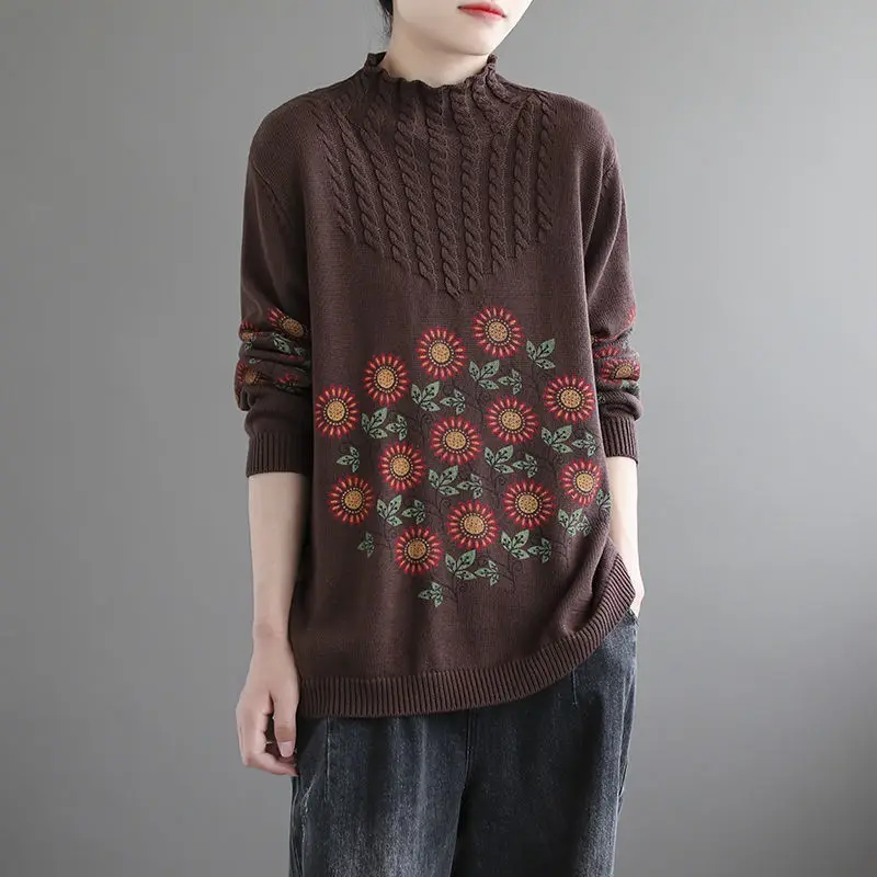 

[100% cotton] literature and art leisure printing knitted sweater women's loose and versatile base coat 2021 spring new