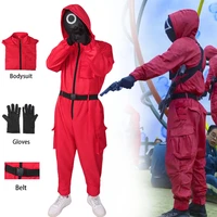 squid game guard red jumpsuit cosplay costume round six jumpsuit with pocket belt gloves sets halloween party cosplay costumes