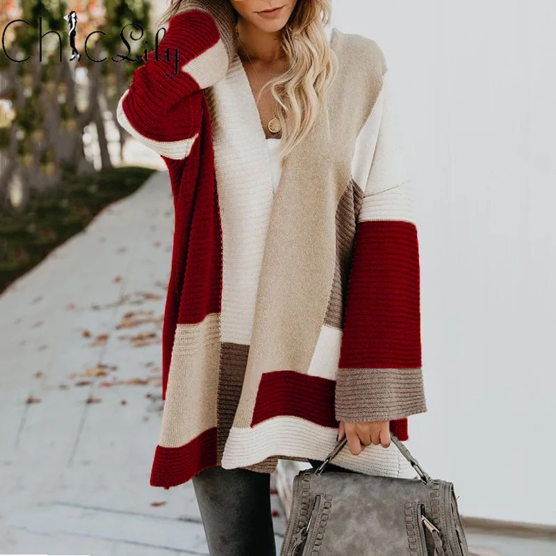 

Chiclily 7 Color's Loose Geometric Patchwork Cardigan Contrast Color Oversized Jumpers Autumn Winter Women Clothing