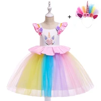 2019 free hair girls unicorn tutu dress rainbow princess kids party dress girls birthday dress 4 12y kids pony cosplay costume