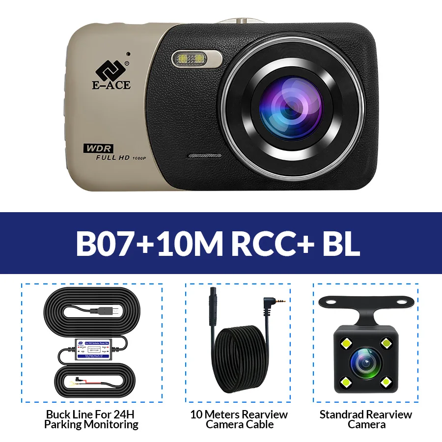 B07-10M RCC-BL E-ACE B07 FHD 1080P Dashcam 4,0 дюймов ips Автомобильный видеорегистратор двойной объектив видео рекордер с камерой заднего вида ночного видения авто Регистратор - Название цвета: B07-10M RCC-BL
