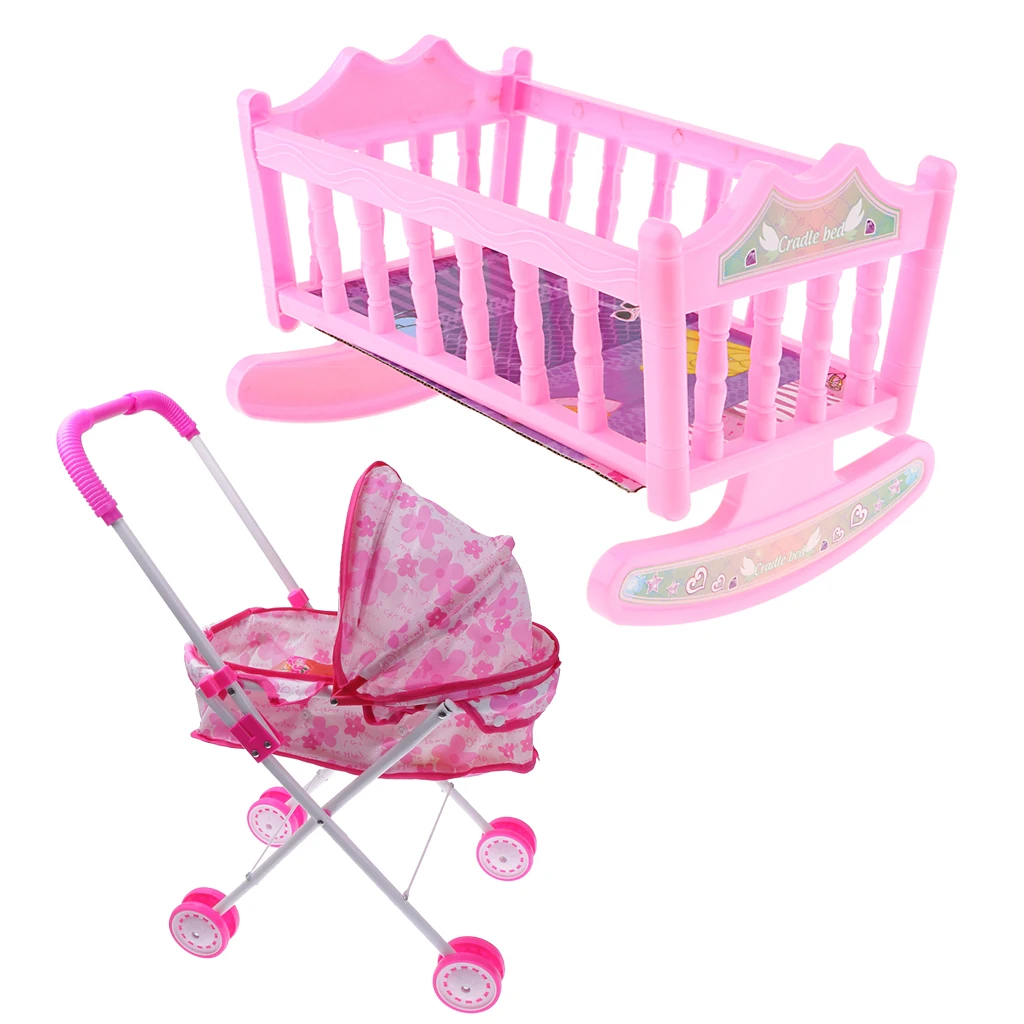 Розовая кукольная коляска пластиковая и детская кроватка миниатюрная для куклы