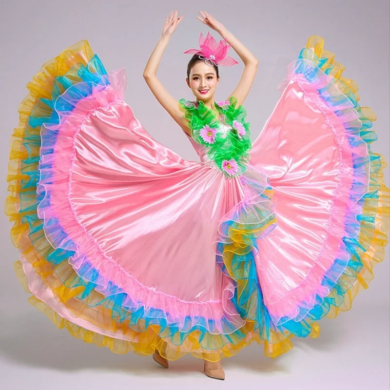 

Pink Swing Floral Dance Dress Spanish Flamenco Waltz Modern Ballroom Performance Costume Multicolor Multiple Degrees 912-A094