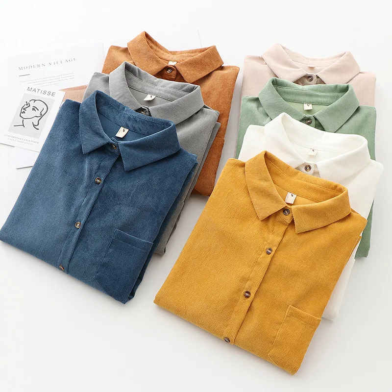 

2021 Autumn New Women Corduroy Shirts Turn Down Collar Single Breasted Pocket Shirts Coat Solid Color Long Sleeve Casual Tops