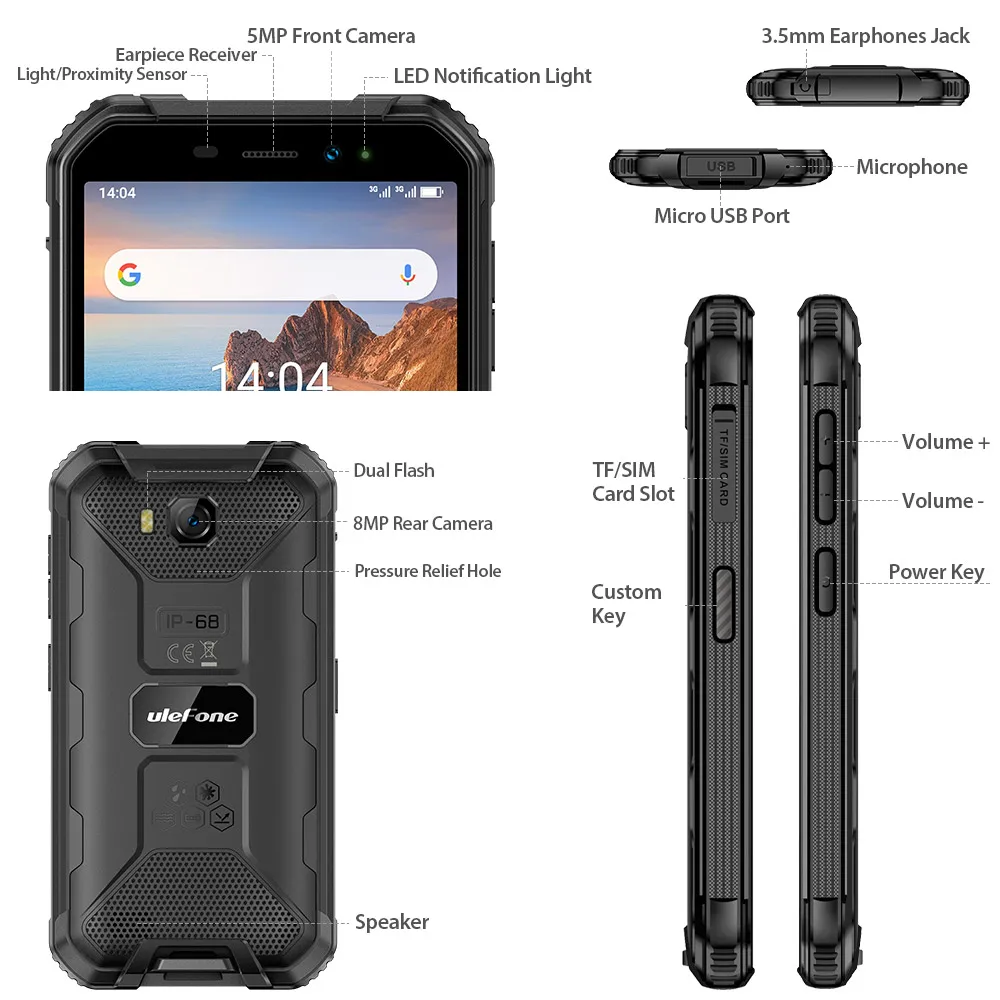 ulefone armor x6 ip68 mt6580 rugged waterproof smartphone android 9 0 cell phone mobile phonquad core 4000mah 2gb 16gb 3g free global shipping