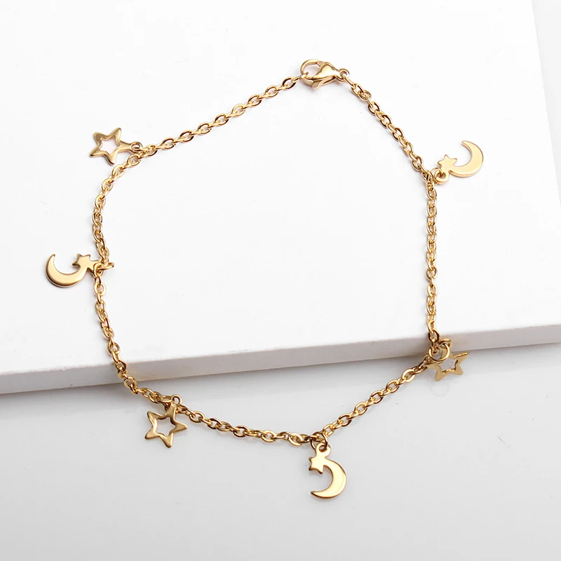 Stainless Steel Hollow Star Charm Anklet Gold Moon Crescent Pentagram Ankel Bracelets Joyas De Acero Inoxidable Para Mujer | Украшения и