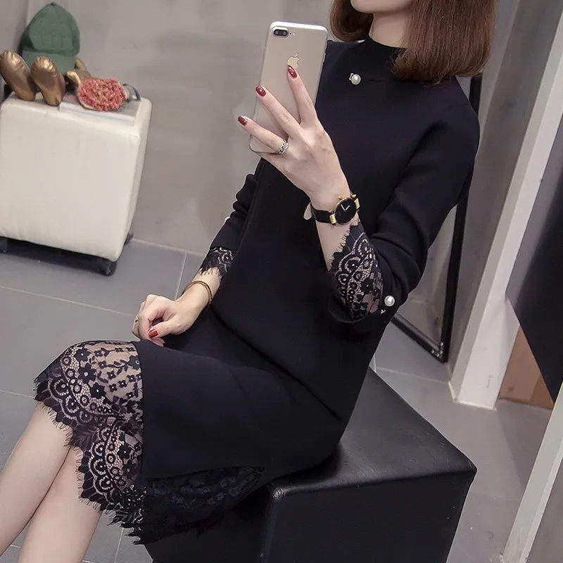 Платье-Свитер женское с длинным рукавом кружевное брошью по краю 4XL Осень-зима