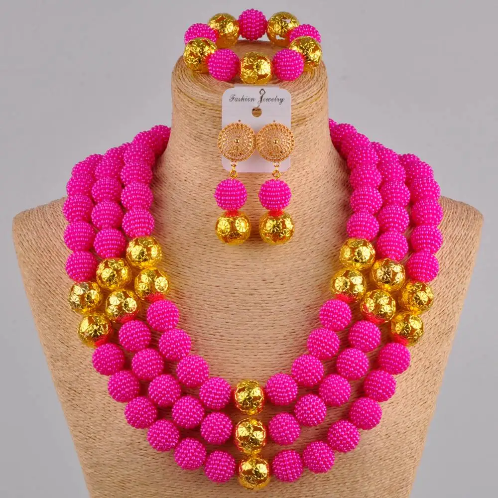 

fuchsia pink 24 inches long necklace african beads jewelry set simulated pearl nigerian wedding sets accessories FZZ22