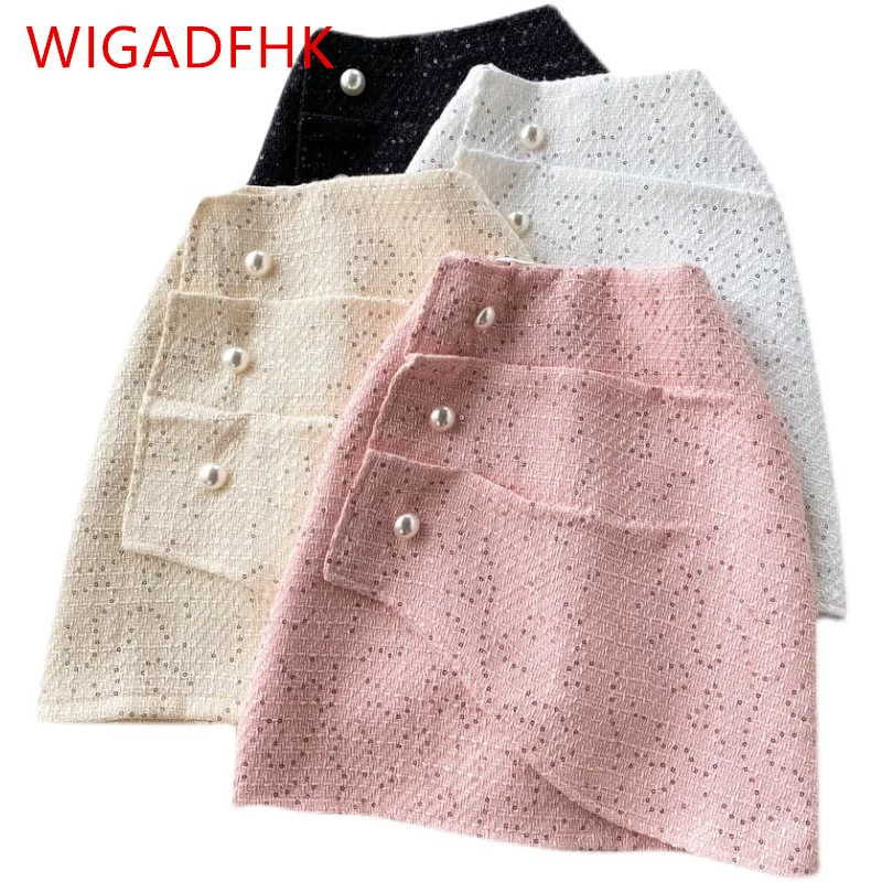 

Женская твидовая юбка с завышенной талией, облегающая трапециевидная юбка в стиле ретро с блестками и складками, Осень-зима